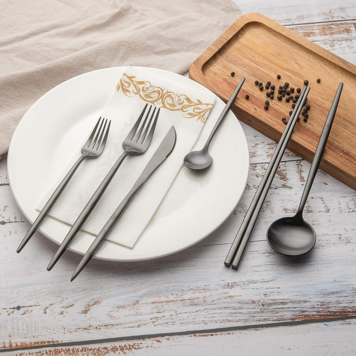 KiiZYs Matte Black Flatware Set - 14-piece Modern Silverware Set Stainless Steel Utensils - Metal Chopsticks Kitchen Cutlery Fork Spoon Knife - Dishwasher Safe House Warming Gift Box (Black, 2 Sets)