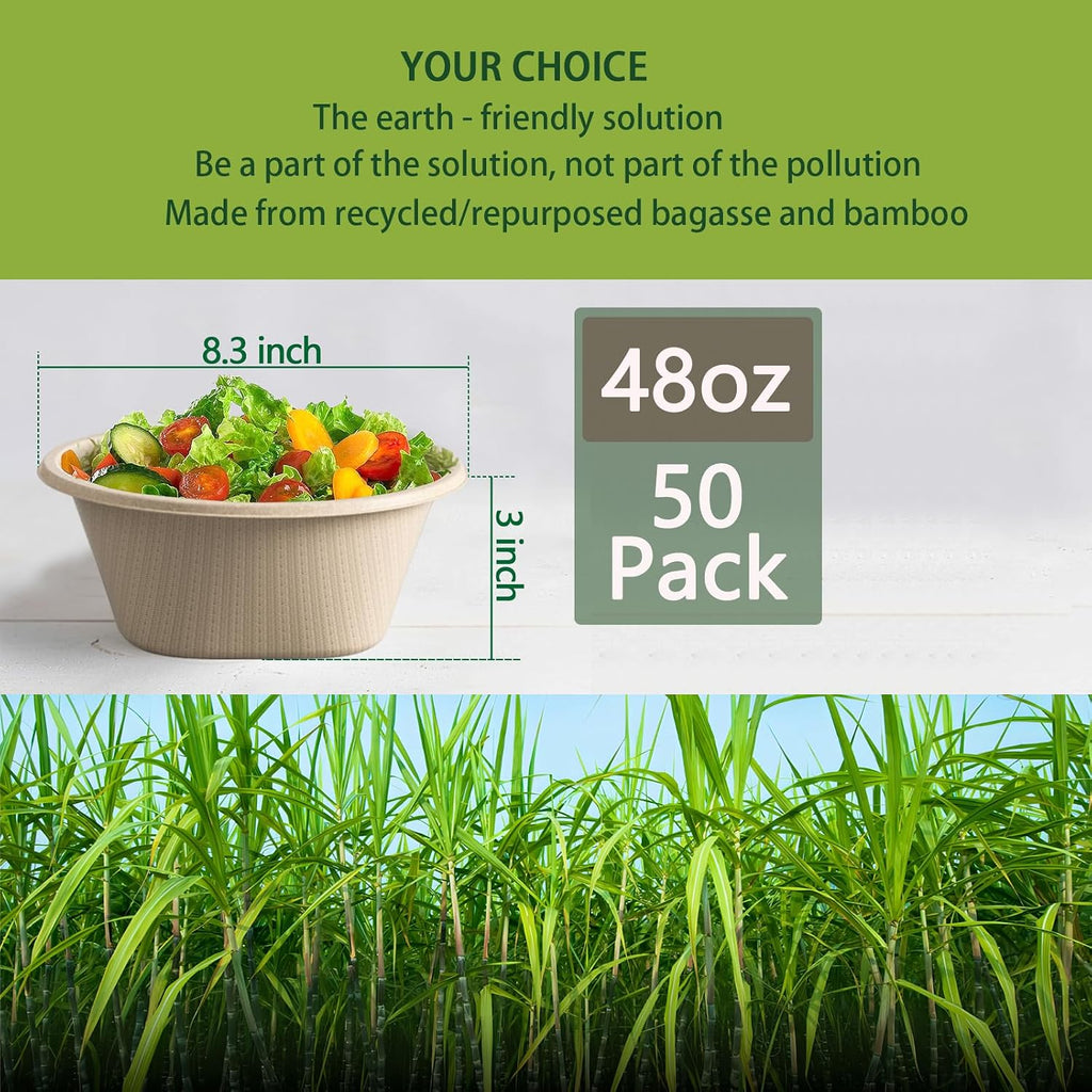 Large Disposable Bowl - Heavy Duty Paper Bowls - Made from Sugarcane and Bamboo Fiber, Microwave Safe - 48 Oz Paper Bowls for Soup, Salad, Ramen, Popcorn, etc.[50/Pack]