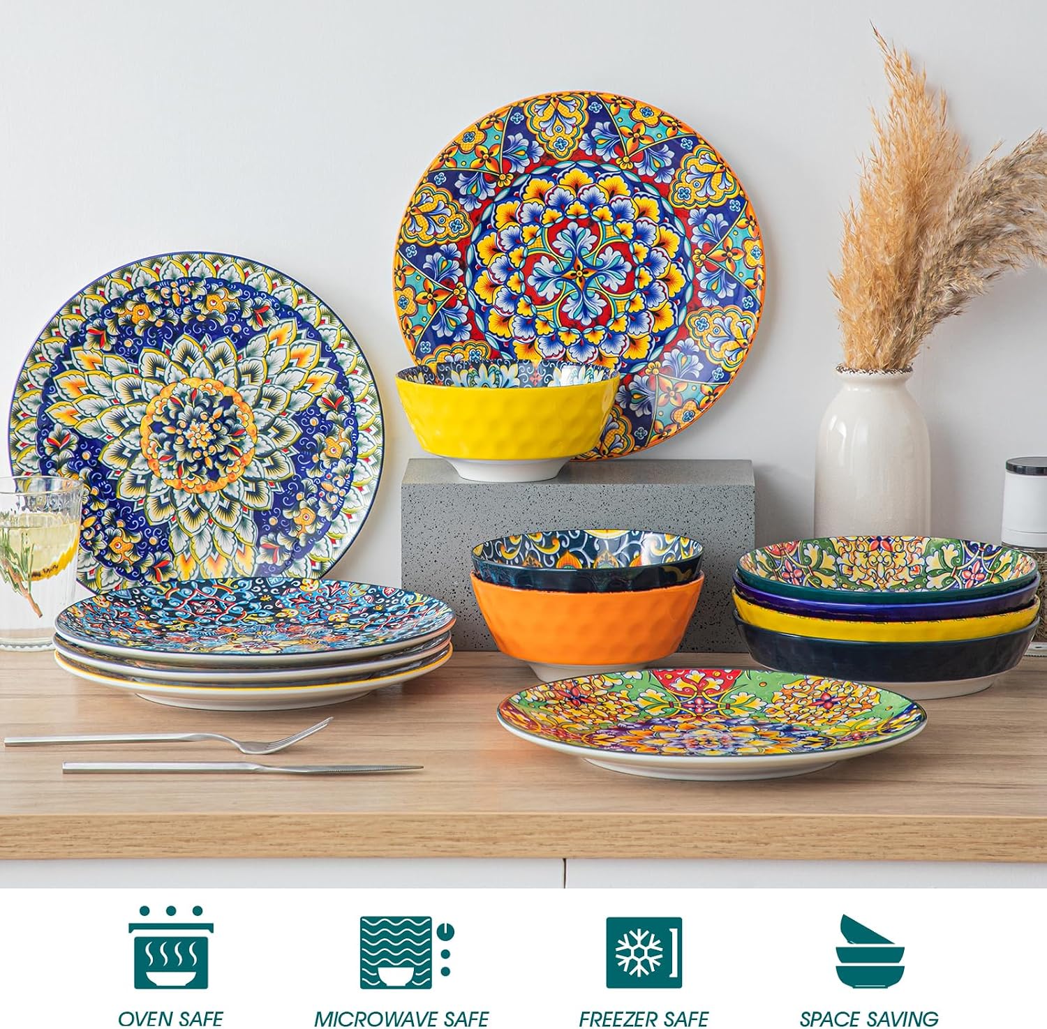 vancasso Ceramic Dinner Plates Set of 6, 10.5 Inch, Microwave Safe | Salad Plates Set, Colorful Bohemian Style Dishes for Kitchen