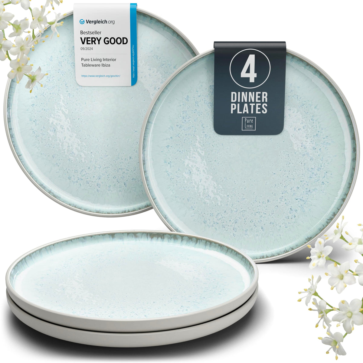 Stoneware dinner plates set 2 pcs – Light beige & blue stylish plates – Dishwasher, microwave and scratch resistant – Small salad & cake plates – Dinner service Pure Living