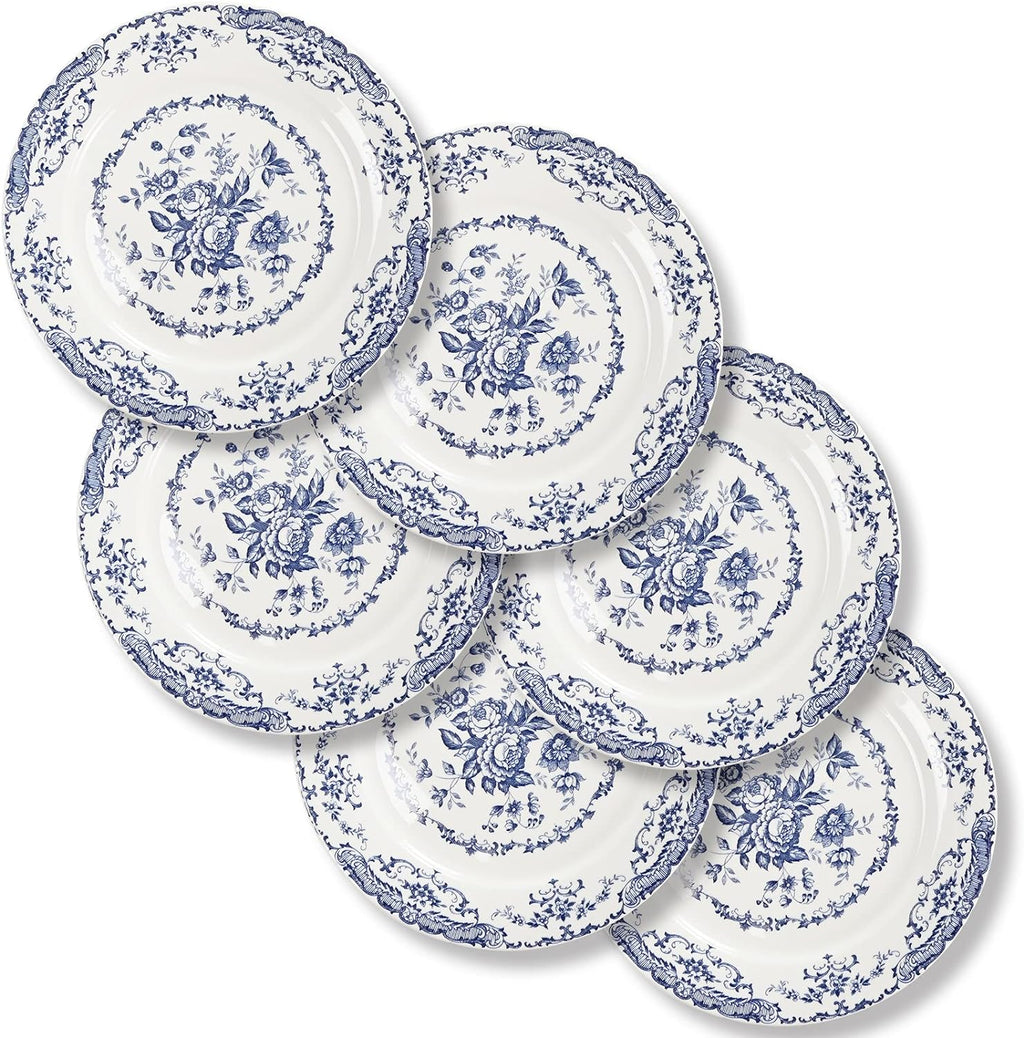 Dinner Plates Set of 6, 10.5 inch Blue Rose Floral Plate | Ceramic, White Porcelain Plate, Kitchen Plates Microwave Safe, Ideal for Salad, Pasta & Dessert