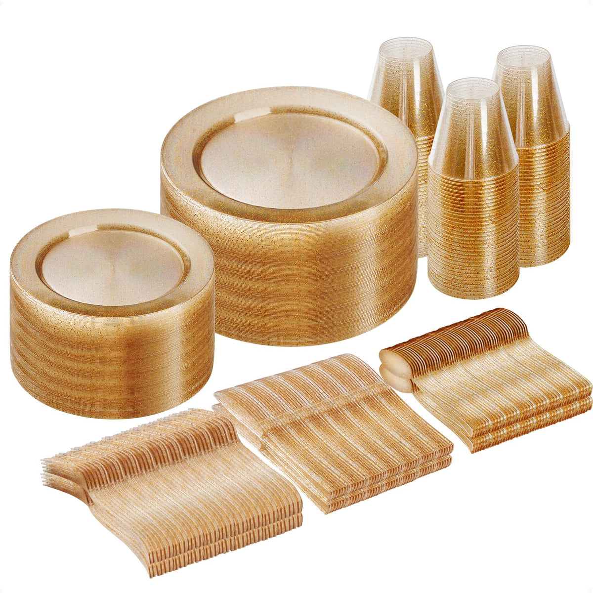 600 Pieces Gold Disposable Plastic Plates for 100 Guests | Include: Dinnerware Set of 100 Dinner and 100 Dessert Plates, 100 Spoons, 100 Forks, 100 Knives, 100 Cups Plates for Party