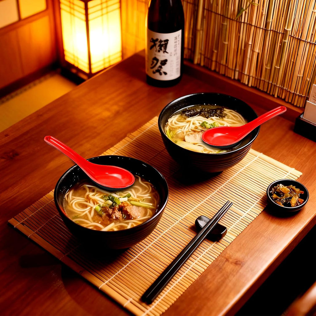 Red and Black Melamine Wonton Soup Spoons, 2 Count | Chinese Japanese Miso Ramen Dumpling Pho Rice Noodle Soba Soup Spoons.unbreakable