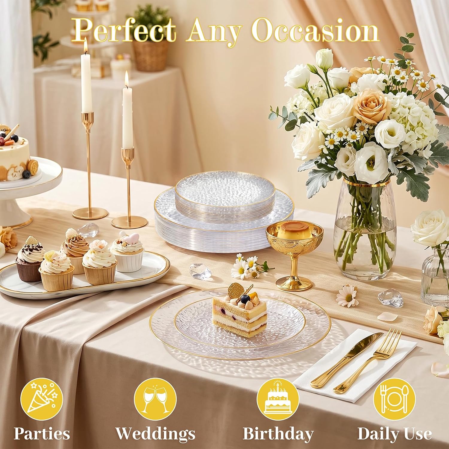 Rubtlamp 60Pcs Clear Plastic Plates,Clear Disposable Plates With Gold Rim,Heavy-duty Gold Plates,Hammered Party Plates Include 30Clear Dessert-Platos,30Dinner-Platos for Wedding, Party