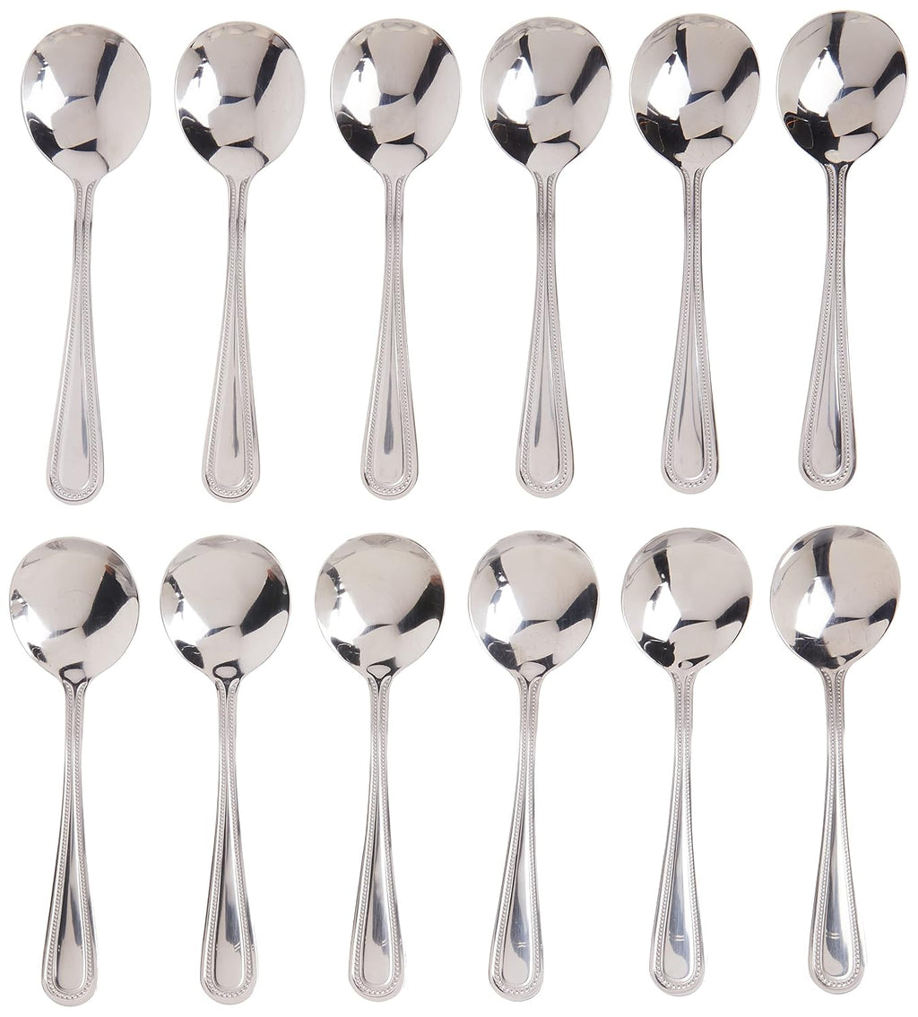 Winco 12-Piece Dots Bouillon Spoon Set, 18-0 Stainless Steel,Silver | Dishwasher safe, Dots pattern, Heavyweight, Restaurant service, Great for Soup, Broth, Noodles and Tasting Service