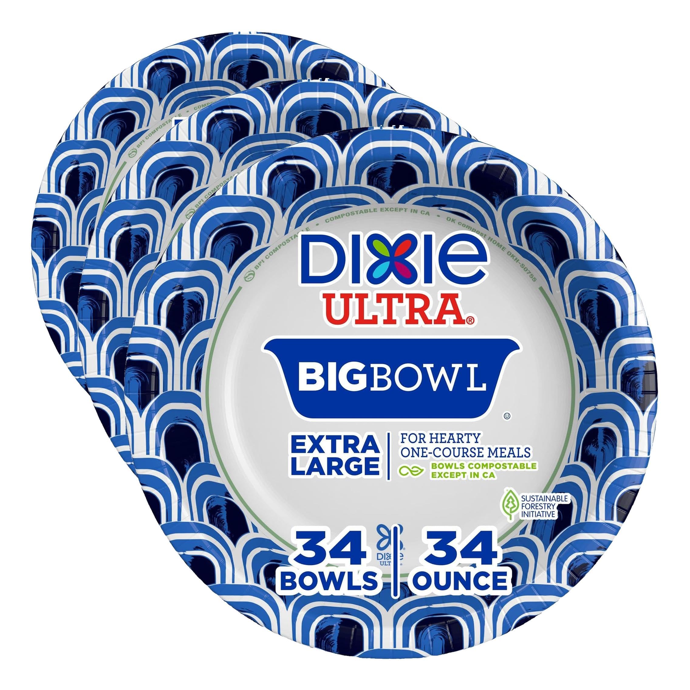 Dixie Ultra Extra Large Paper Bowls, 34 oz, 34 Count, Compostable, Microwave Safe, Disposable Bowls for Heavy Meals, Soups, Stews, and Everyday Use