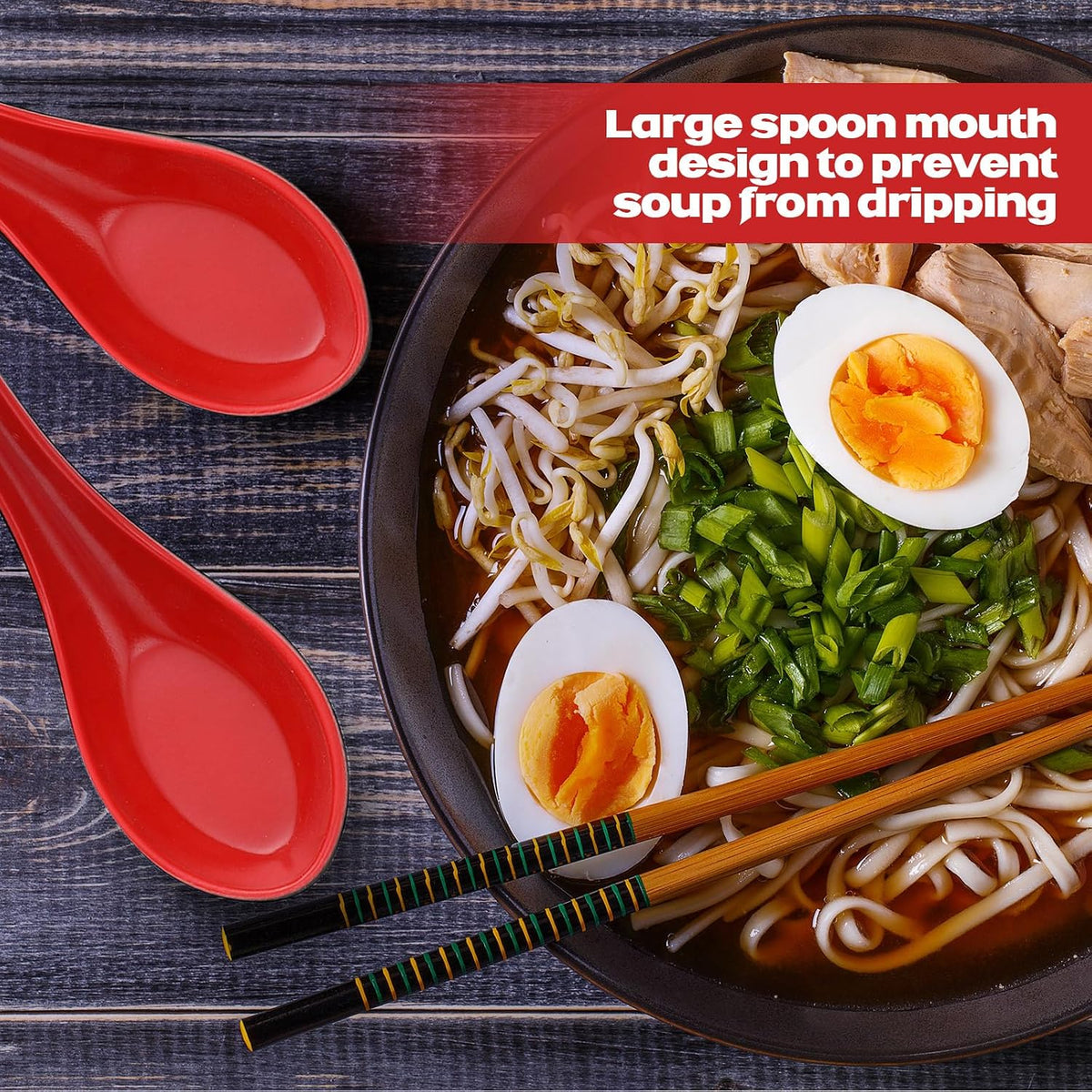 Hushee 200 Pieces Asian Soup Bulk Spoons 6.3 Inch Chinese Japanese Korean Style Serving Wonton Soba Rice Spoon with Hook for Pho Ramen Noodle Dumpling Dinner, Black and Red