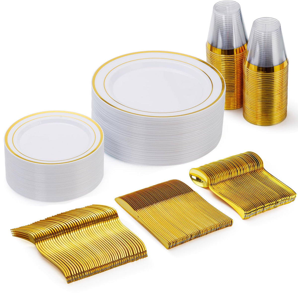 600 Pieces Gold Disposable Plastic Plates for 100 Guests | Include: Dinnerware Set of 100 Dinner and 100 Dessert Plates, 100 Spoons, 100 Forks, 100 Knives, 100 Cups Plates for Party