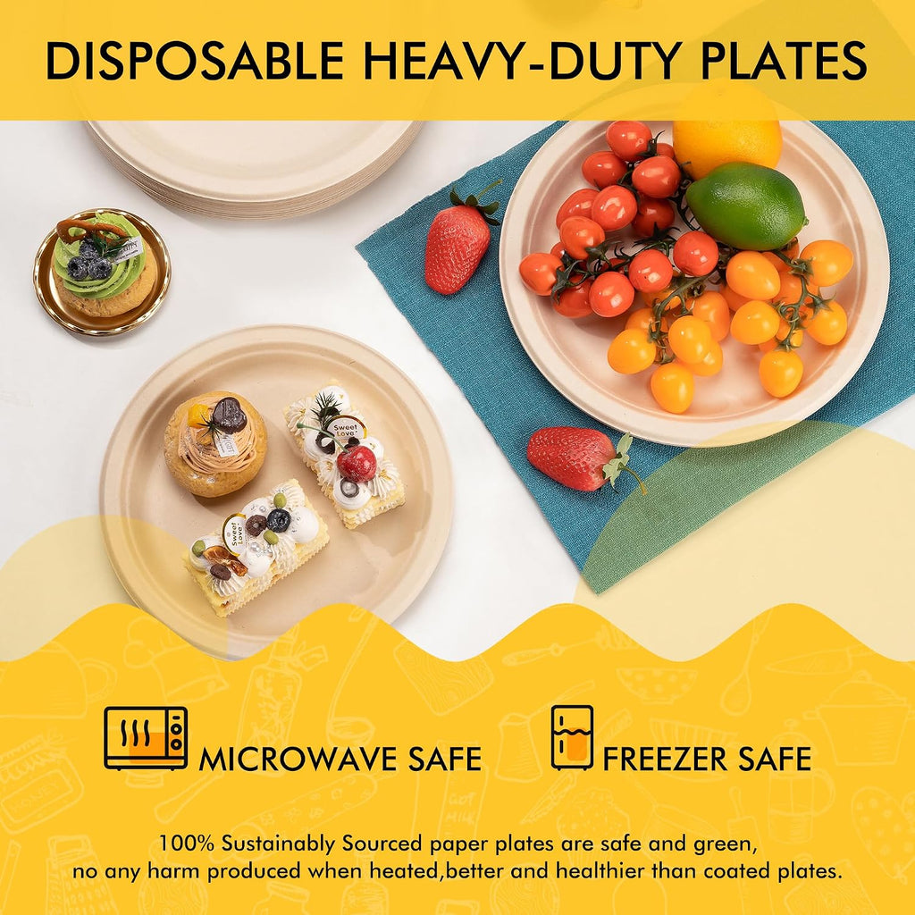 Compostable Paper Plates 10 Inch [150 Pack] | Unbleached Brown, Disposable Biodegradable Heavy Duty Paper Plates, Made of Natural Sugarcane Fibers, Round