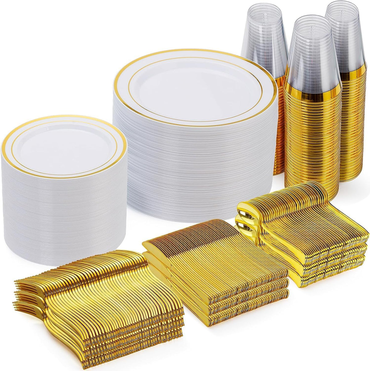 600 Pieces Gold Disposable Plastic Plates for 100 Guests | Include: Dinnerware Set of 100 Dinner and 100 Dessert Plates, 100 Spoons, 100 Forks, 100 Knives, 100 Cups Plates for Party