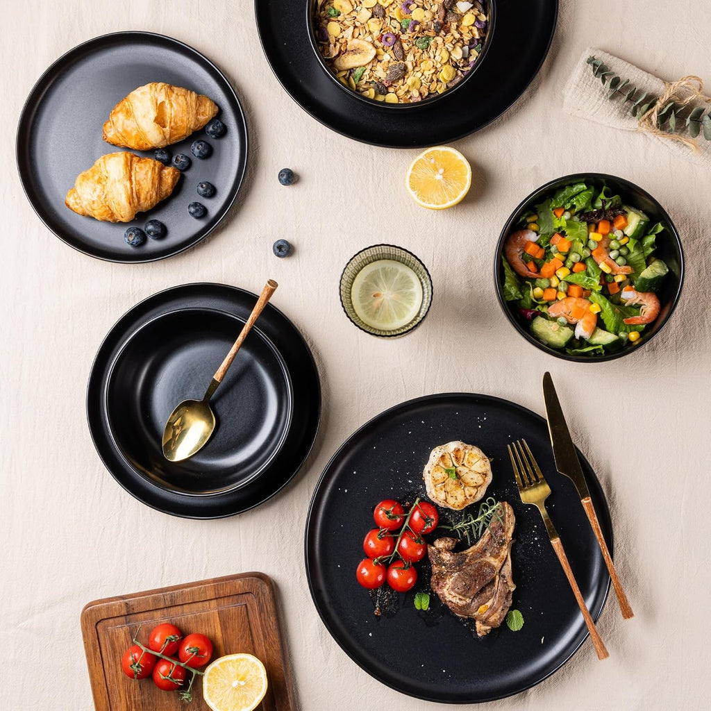 AmorArc Ceramic Dinner Plates Set of 6, 10.25 Inch Stoneware Dishes Set | Wavy Rim Shape Dinnerware Plates for Kitchen, Microwave & Dishwasher Safe, Scratch Resistant-Matte Black