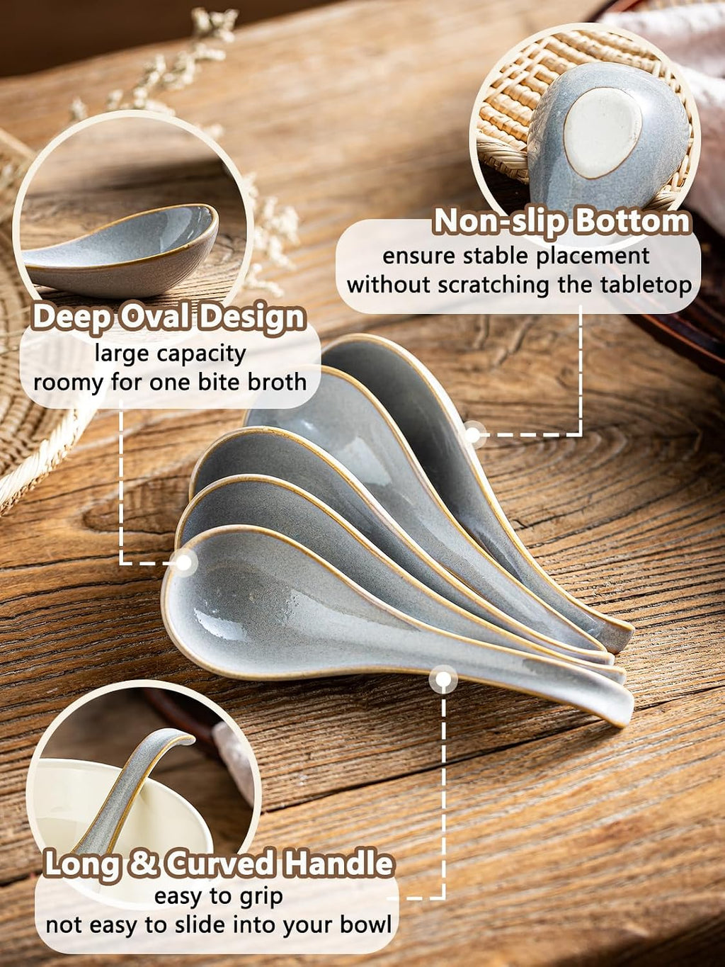 Gomakren Ceramic Chinese Soup Spoon Set of 6, Ramen Spoons 6.5in, Gray | Deep Oval Design, Ergonomic Curved Handle, Stackable Storage, Asian Japanese Style, for Daily Dining Cereal Pho Dumpling Miso