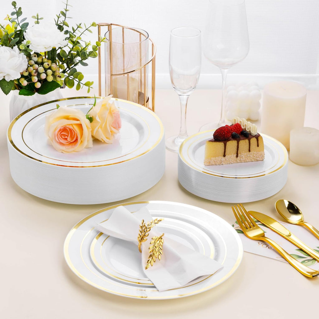 BESTSTAR 100PCS White Plastic Plates for Party | 10.25 Inch Disposable Plates with Gold Rim, Heavy Duty Dinner Plates for Party, Wedding and Birthday
