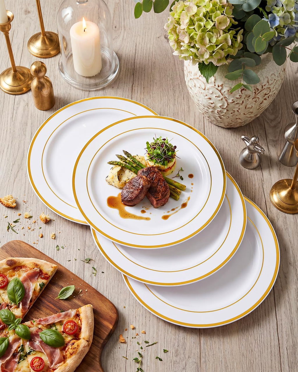 bUCLA 100Pieces Gold Plastic Dinner Plates - 10.25inch White and Gold Plates Disposable for Party - Ideal for Wedding, Party & Daily Use