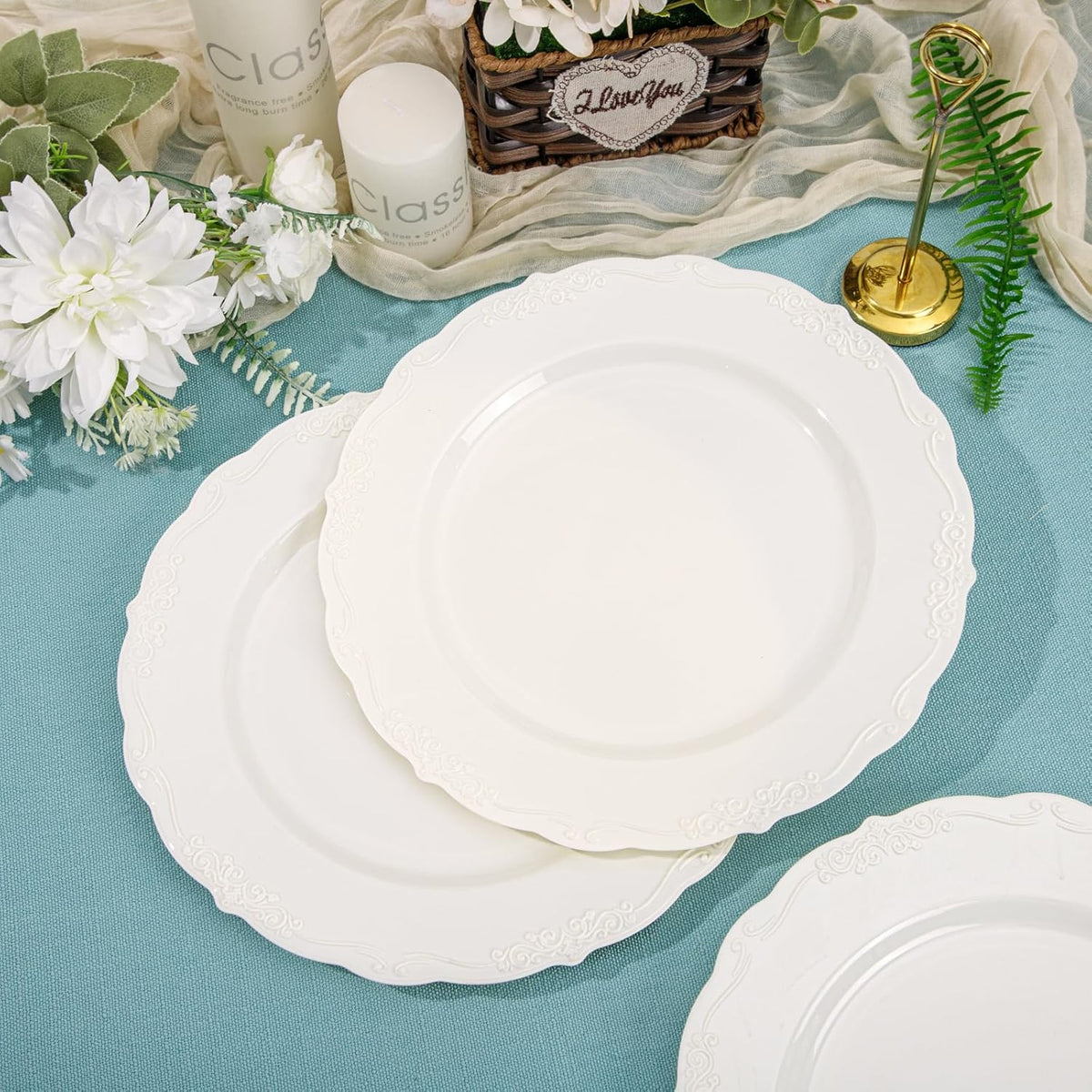 DaYammi 60PCS Ivory Plastic Plates, 10 inch Disposable Dinner Plates | Heavy Duty Ivory Disposable Plates Premium Dinner Plates Fancy Plastic Plates for Party, Wedding and Bridal Shower