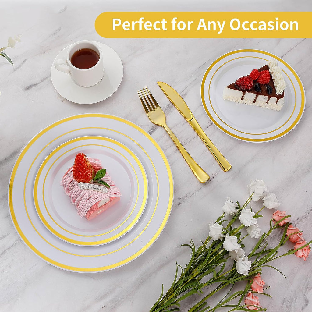200PCS Gold Plastic Plates, Heavy Duty Disposable Gold Plates | 100 10.25 inch Dinner Plates and 100 7.5 inch Dessert Plates for Party, Holiday, Wedding, Thanksgiving