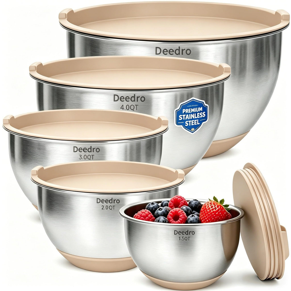 Deedro Mixing Bowls with Airtight Lids, Stainless Steel Mixing Bowls Set | 22Pcs Nesting Bowls with Non-Slip Silicone Base, thicker Metal Bowls for Baking & Prepping, 1.5/2/3/4/5 QT, Khaki