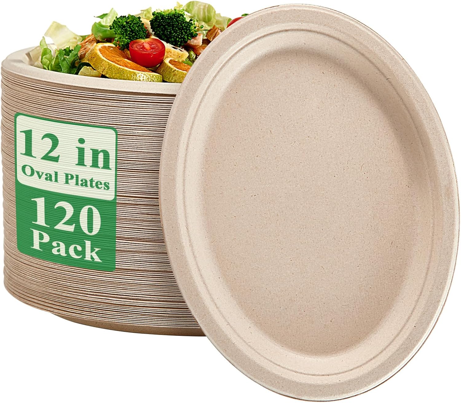 Vplus 100% Compostable Oval Paper Plates 12 inch 120 Pack, Nature | Super Strong, Disposable Paper Plates, Bagasse Natural Biodegradable, Sugarcane for BBQ, Party, Dinner, and Picnic