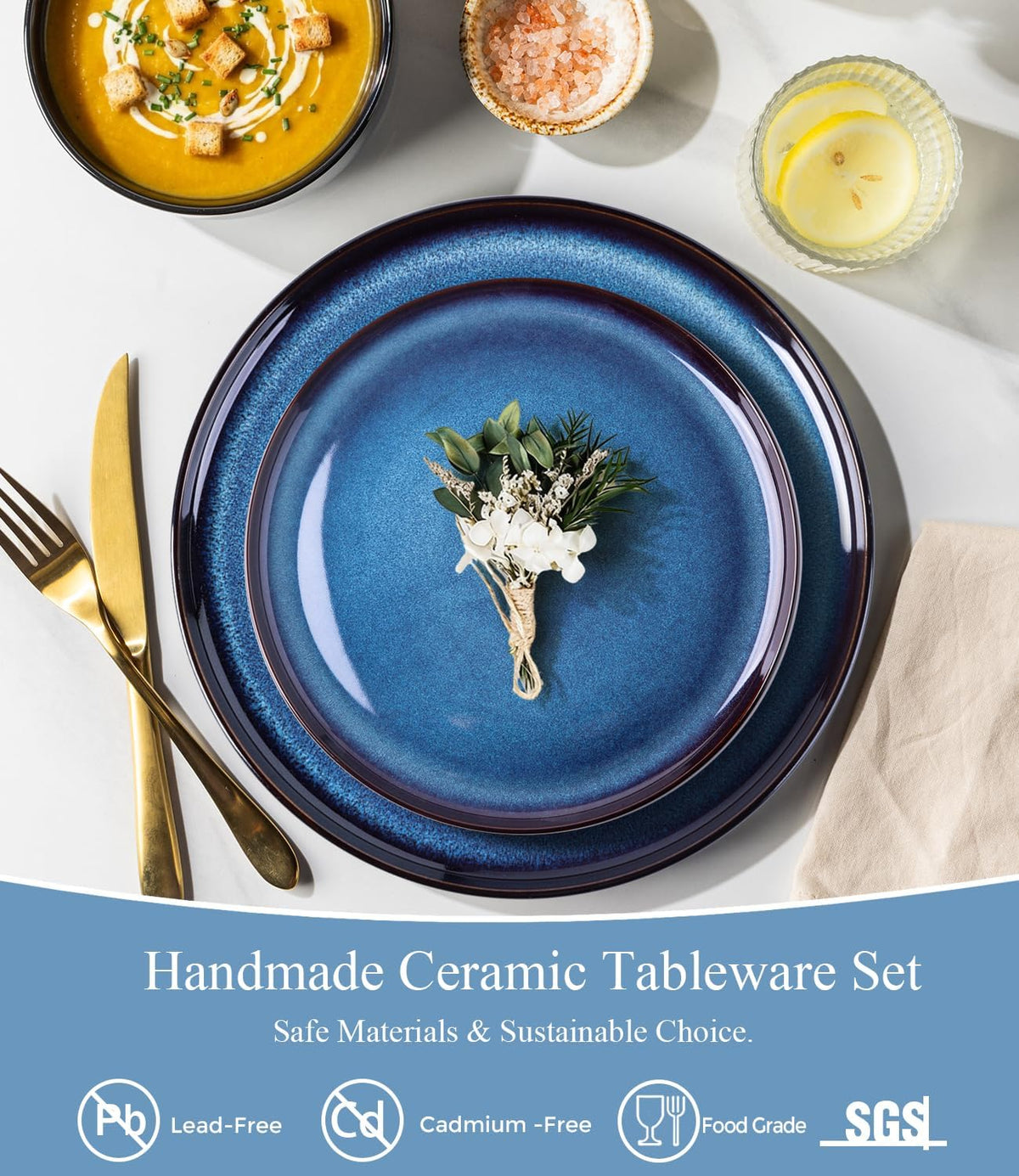 LERATIO Ceramic Dinner Plates Set of 4,10.5 Inch Reactive Glaze Plate Sets | Porcelain Modern Shape Dinnerware Dishes Set for Kitchen,Microwave&Dishwasher&Oven Safe,Scratch Resistant-Blue