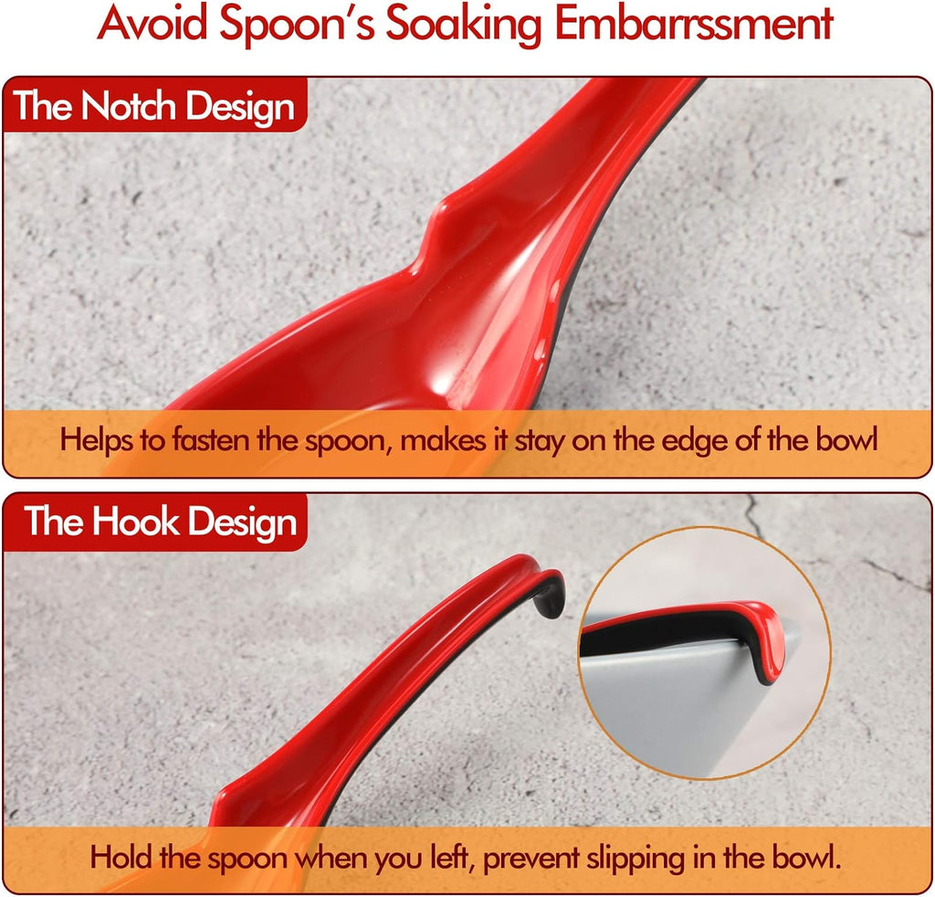 12 PACK Asian Soup Spoons, Rice Spoons, Melamine Chinese Won Ton Soup Spoon For soba, pho, ramen, Noodle, Korean Style Large Spoon with Long Handle- Notch and Hook Style, Red ＆ Black