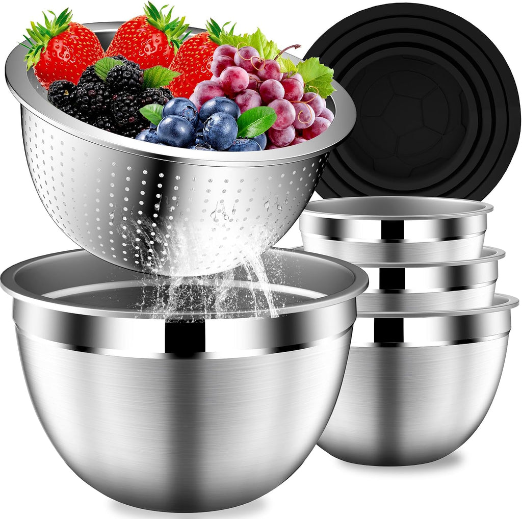 DUTZUN Mixing Bowls with Lids Set, Stainless Steel Mixing Bowls with Colander, Strainer with Mixing Bowl Set, Serving Bowl Kitchen Gift, Size 4.5, 2.5, 2, 1.5QT - Black