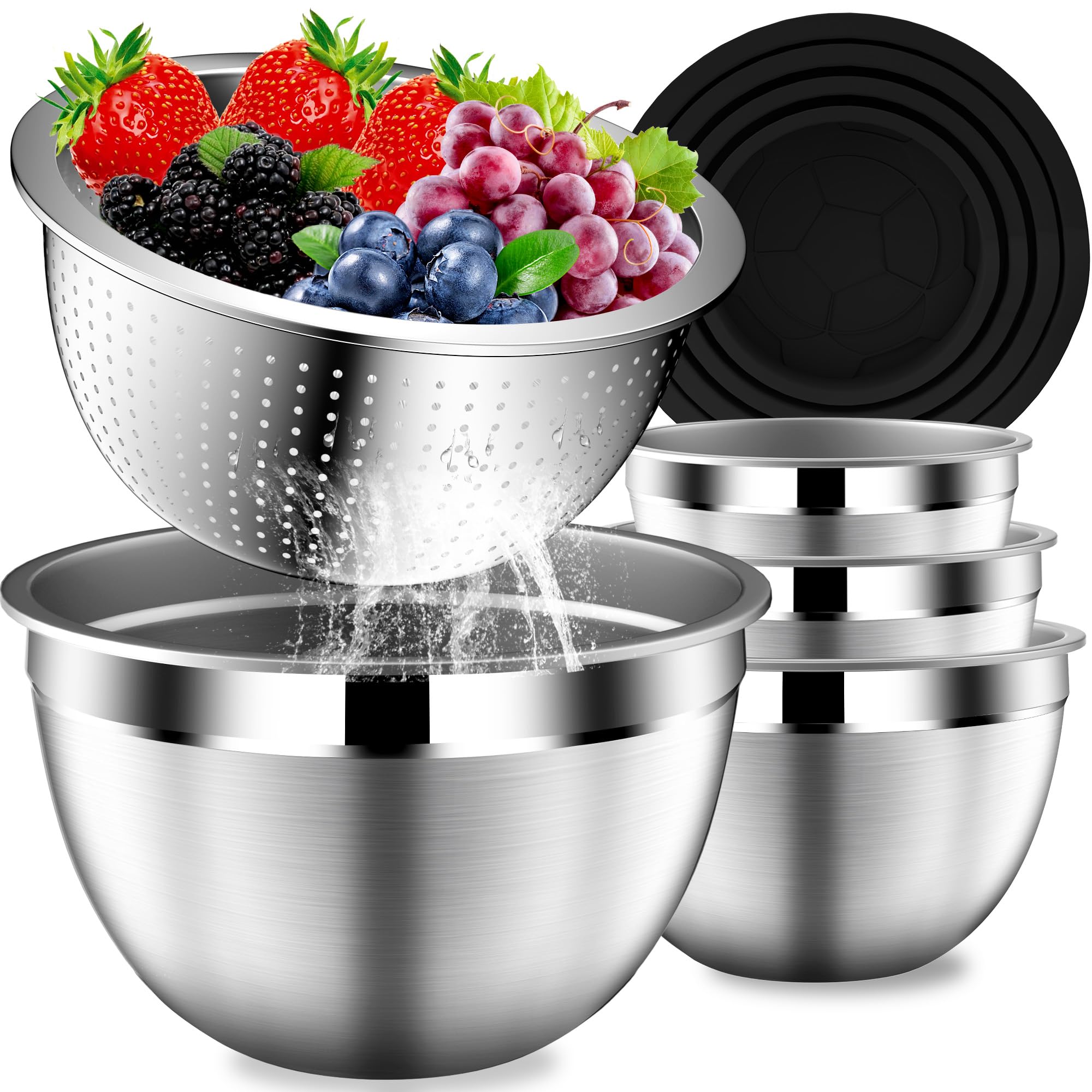 DUTZUN Mixing Bowls with Lids Set, Stainless Steel Mixing Bowls with Colander, Strainer with Mixing Bowl Set, Serving Bowl Kitchen Gift, Size 4.5, 2.5, 2, 1.5QT - Black