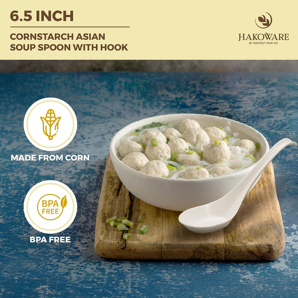 Disposable PLA Cornstarch Asian Soup Spoons with Hook Plastic-Free, 600 PK | Anti-Slip Hook Design,Eco-friendly,Heavy Duty,Crystalized,Take-out,Ramen,Pho,Noodles,Hot Soup,Hakoware,Chinese,Wonton,Cutlery