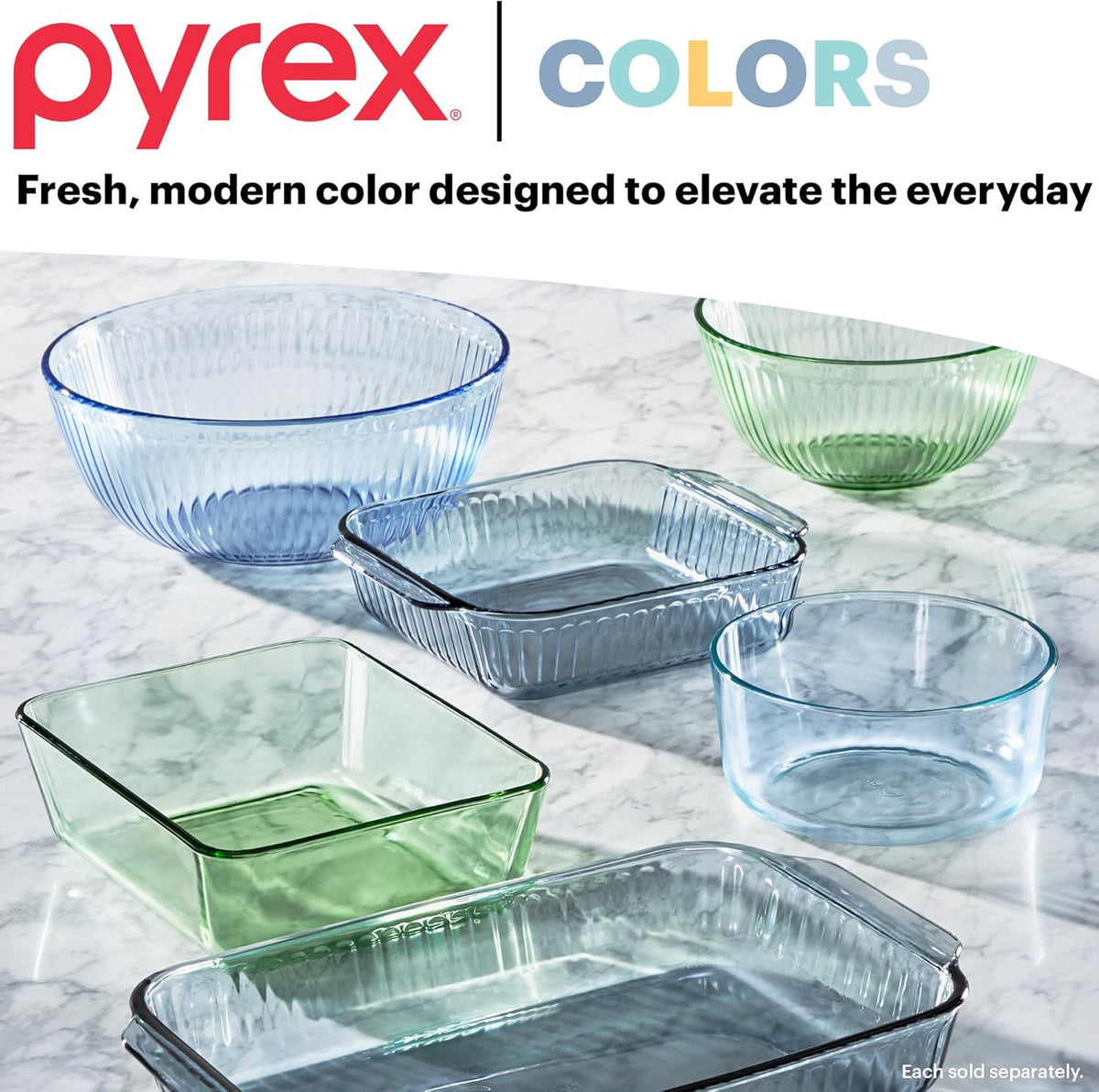 Pyrex Colors Tinted (3-Pack, Full Set) Sculpted Tinted Glass Mixing Bowls | 1.3, 2.3 & 4.5 QT nesting set of bowls with plastic lids for prepping & baking, dishwasher safe