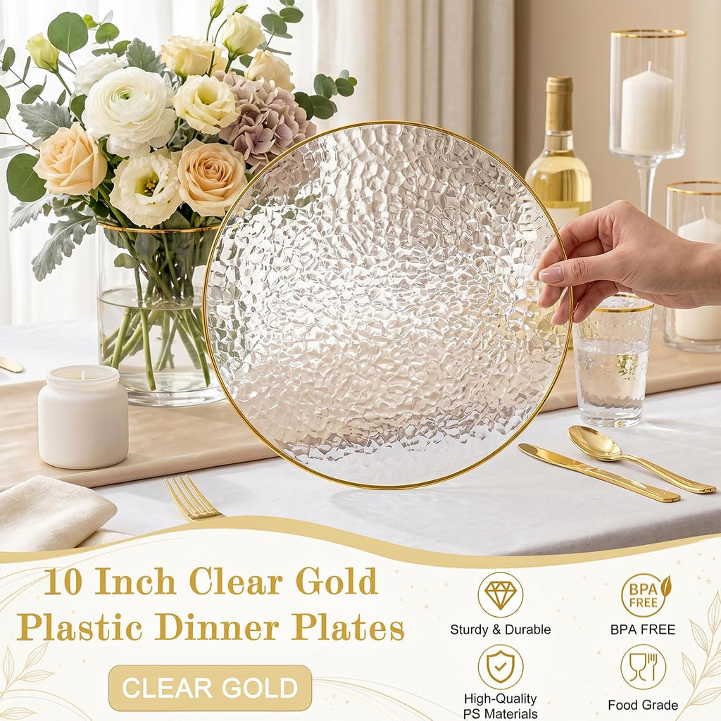 Rubtlamp 100 Pcs Gold Plastic Plates, 10 inch Clear Gold Dinner Plates, Hammer Pattern Design, Fancy Disposable Plate, Heavy Duty Party Plate Ideal for Party