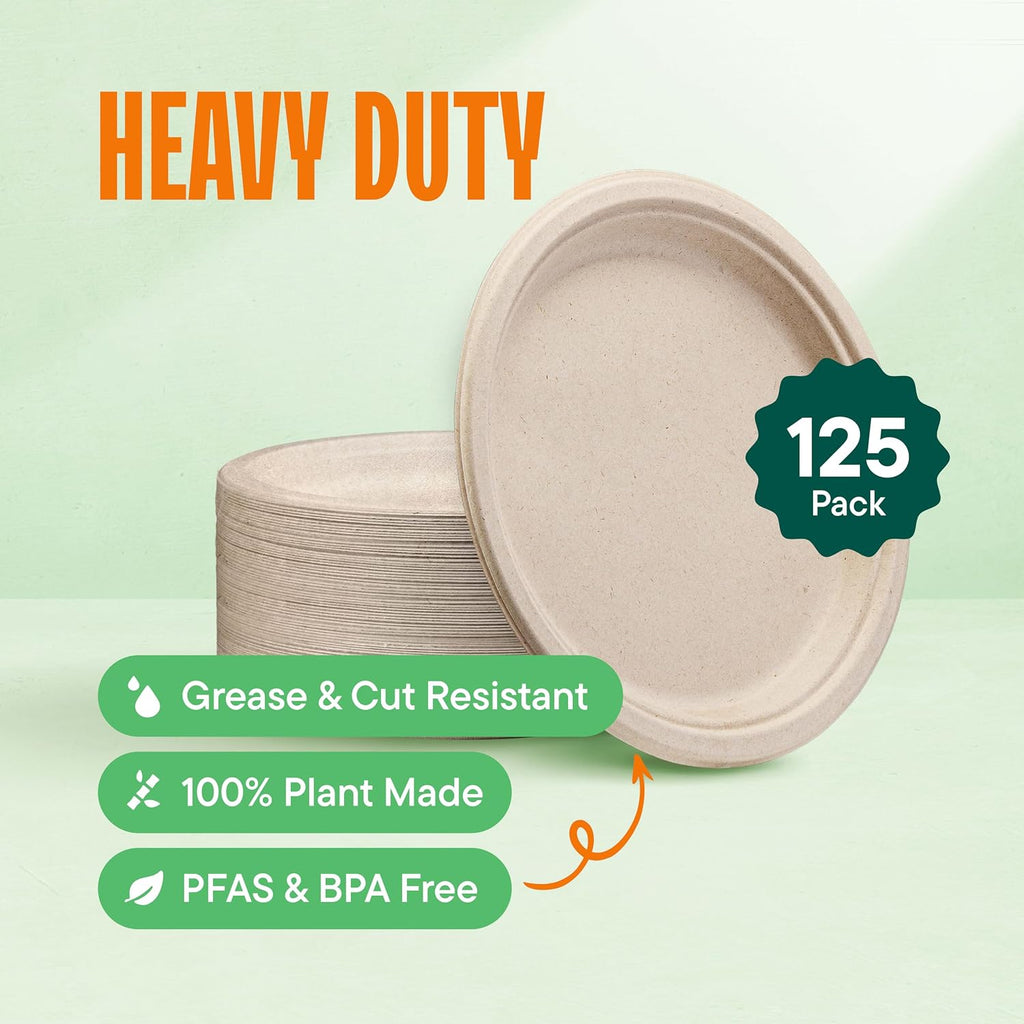 Paper Plates, 100% Compostable Heavy Duty Disposable 10 Inch Plate - [125-Pack] Eco-Friendly, Biodegradable Bagasse - (PFAS-Free) - (BPI Certified) | Eco-Friendly Biodegradable Sugarcane Bagasse Dinner Plates, PFAS-Free & BPI Certified Unbleached Party Su