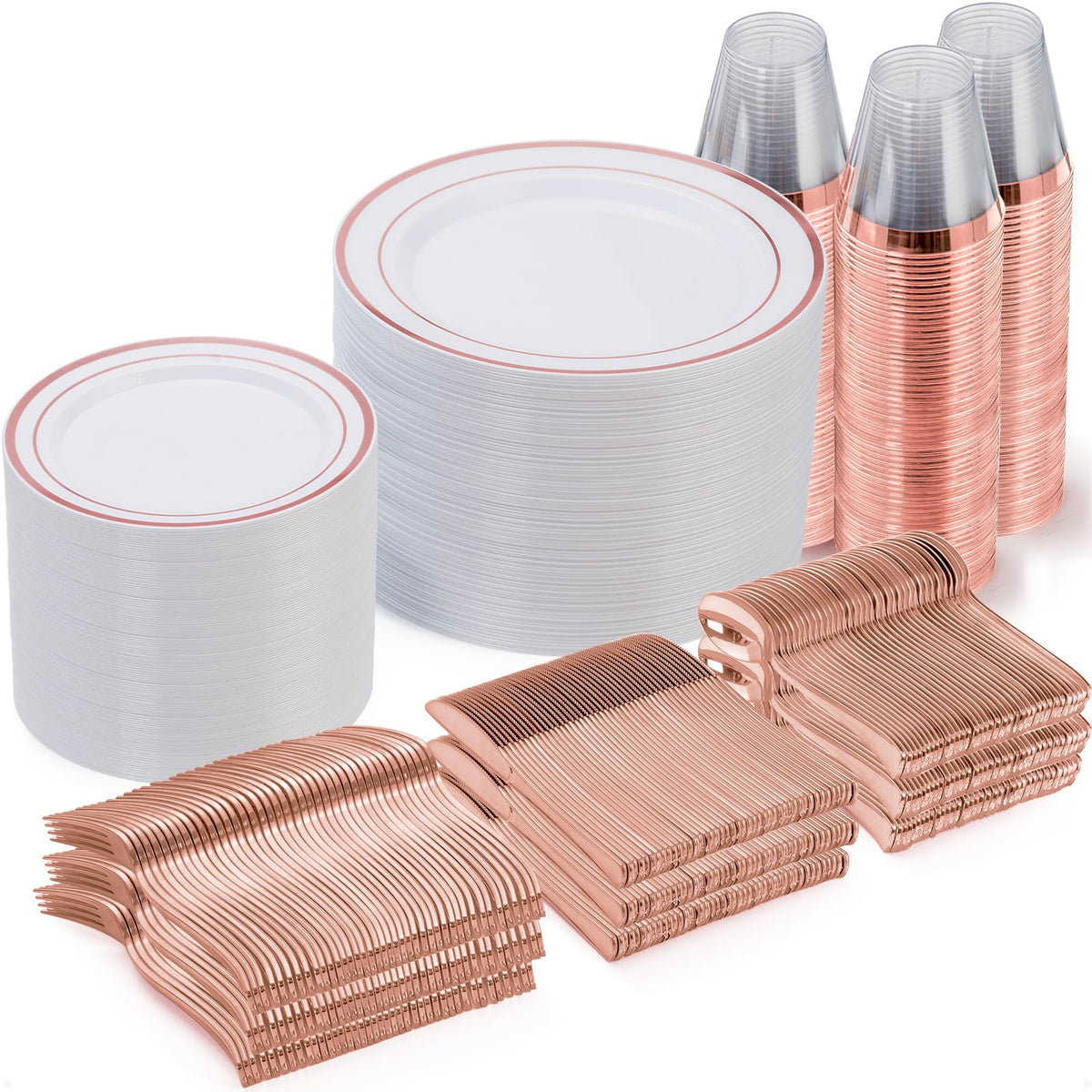 600 Pieces Gold Disposable Plastic Plates for 100 Guests | Include: Dinnerware Set of 100 Dinner and 100 Dessert Plates, 100 Spoons, 100 Forks, 100 Knives, 100 Cups Plates for Party
