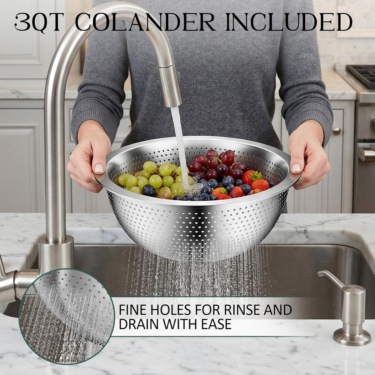 DUTZUN Mixing Bowls with Lids Set, Stainless Steel Mixing Bowls with Colander, Strainer with Mixing Bowl Set, Serving Bowl Kitchen Gift, Size 4.5, 2.5, 2, 1.5QT - Black
