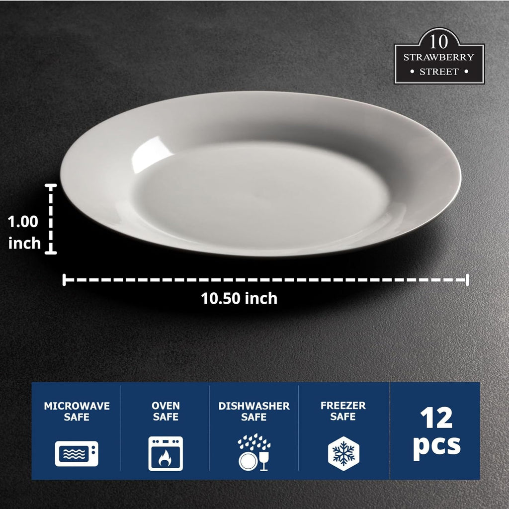10 Strawberry Street 10.5" Catering Round Dinner Plate, Set of 12 , White