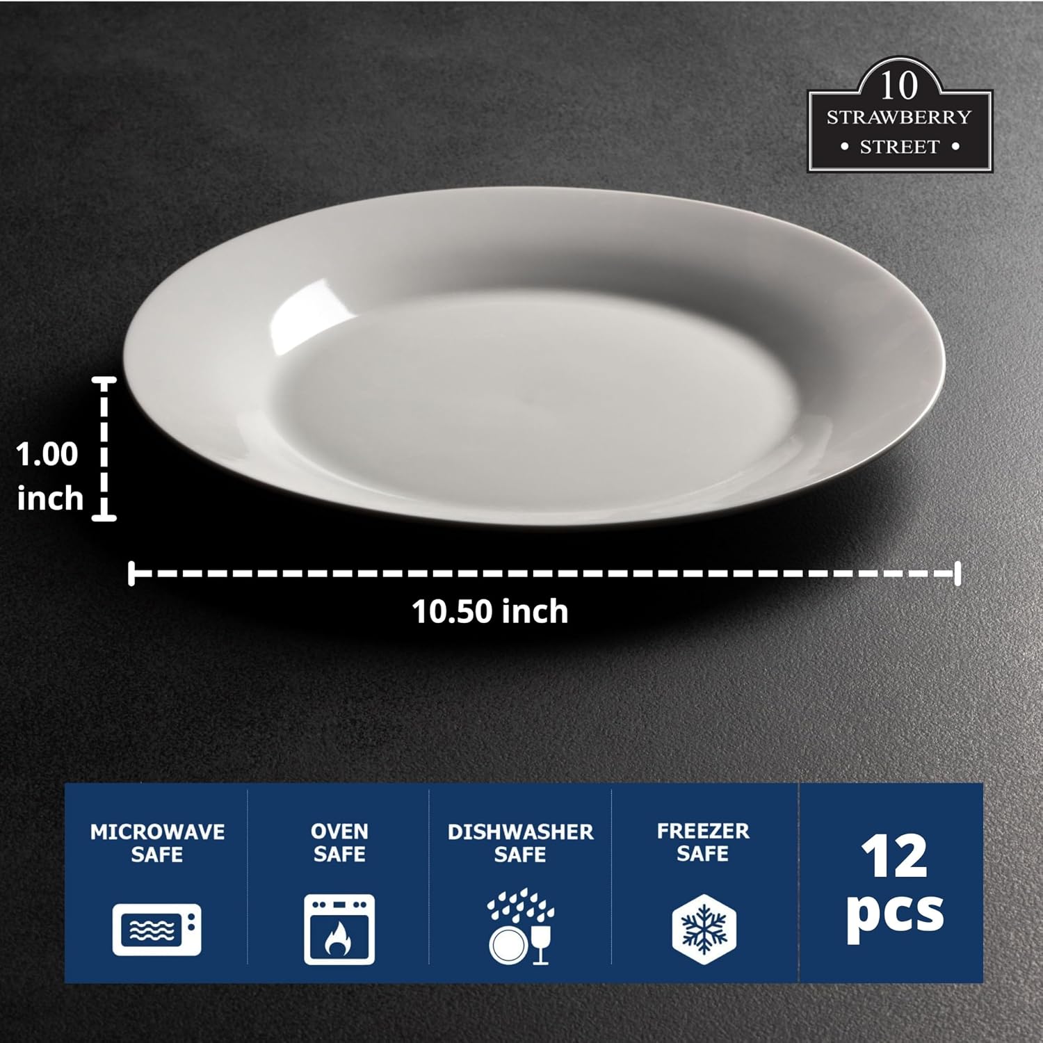 10 Strawberry Street 10.5" Catering Round Dinner Plate, Set of 12 , White