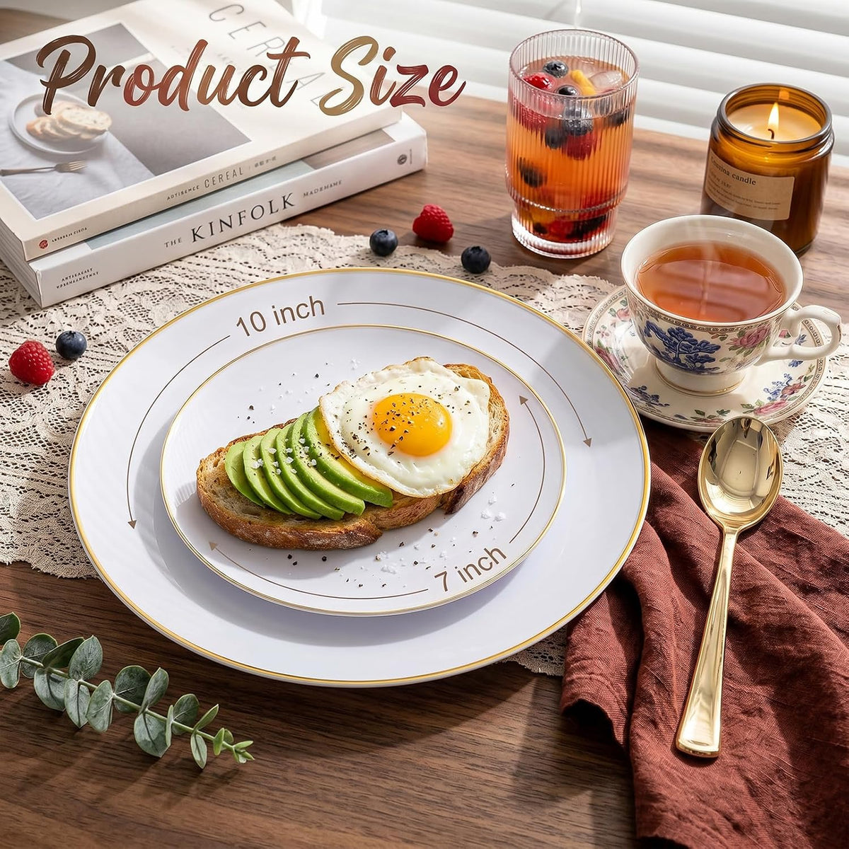 KIRE 100PCS White Plates with Gold Trim - Plastic Disposable Plates - Includes 50Pieces 10.25inch Dinner and 50Pieces 7.5inch Dessert/Salad Plastic Plate for Wedding Receptions/Party/Thanksgiving