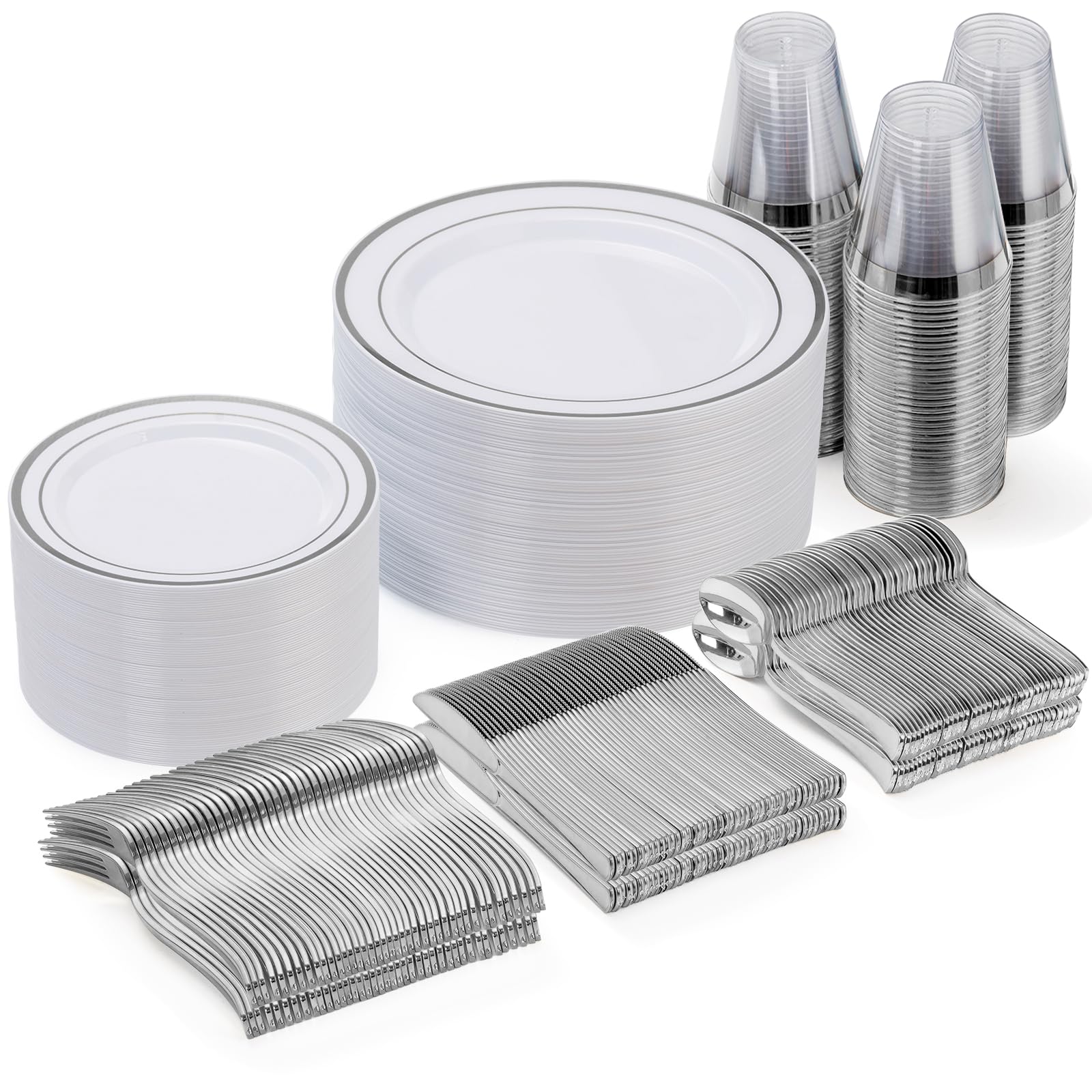 600 Pieces Gold Disposable Plastic Plates for 100 Guests | Include: Dinnerware Set of 100 Dinner and 100 Dessert Plates, 100 Spoons, 100 Forks, 100 Knives, 100 Cups Plates for Party