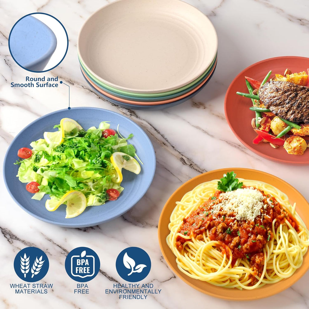 HOTEC 8-Pack 9inch BPA Free Unbreakable Deep Dinner Plates, Wheat Straw Plastic Plates Dishwasher Safe Kitchen Plates Dinnerware, Multicolor