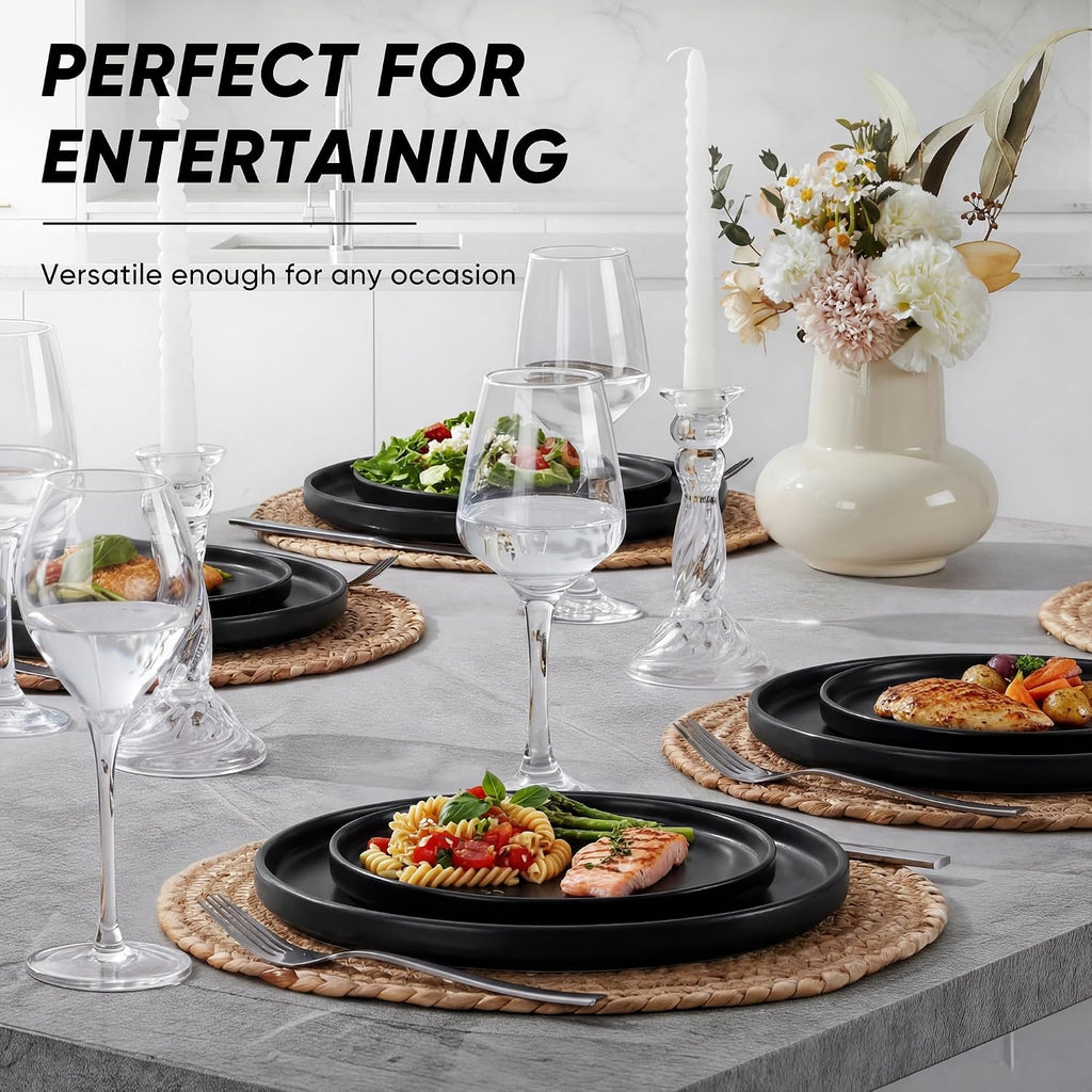 E-far Dinner Plates Set of 6, 10.5 Inch Stoneware Dinner Plate, Black | with Raised Edges, Chip & Scratch Resistant, Microwave & Dishwasher Safe Modern Ceramic Dishes for Dessert Salad, Matte Black