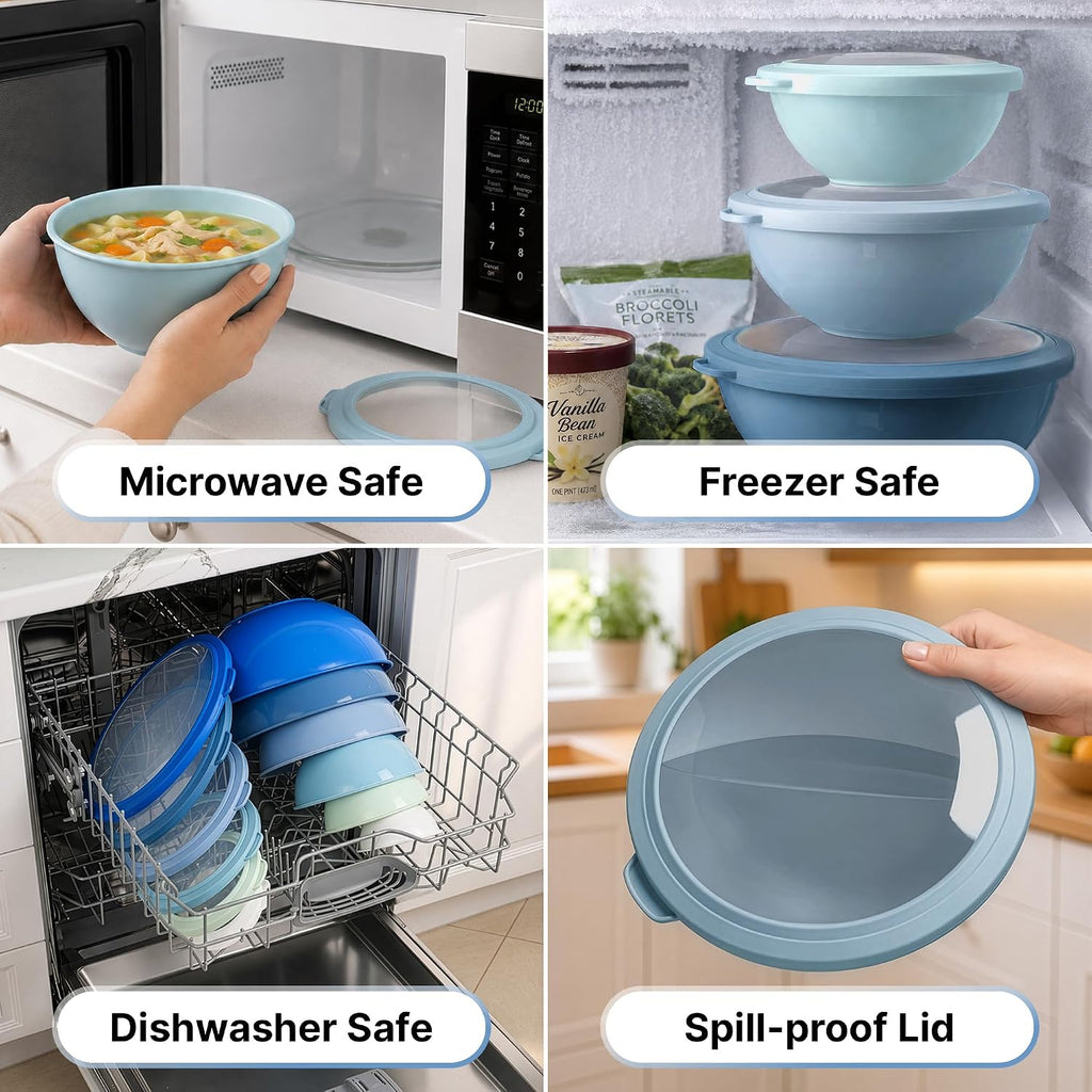 Zulay Kitchen 12 Piece Plastic Mixing Bowls with Lids Set - Leak-Proof Microwave & Freezer Safe Stackable Mixing Bowl Set for Preparing, Serving and Storing - Non-Slip Large Nesting Bowls (Blue Ombre)