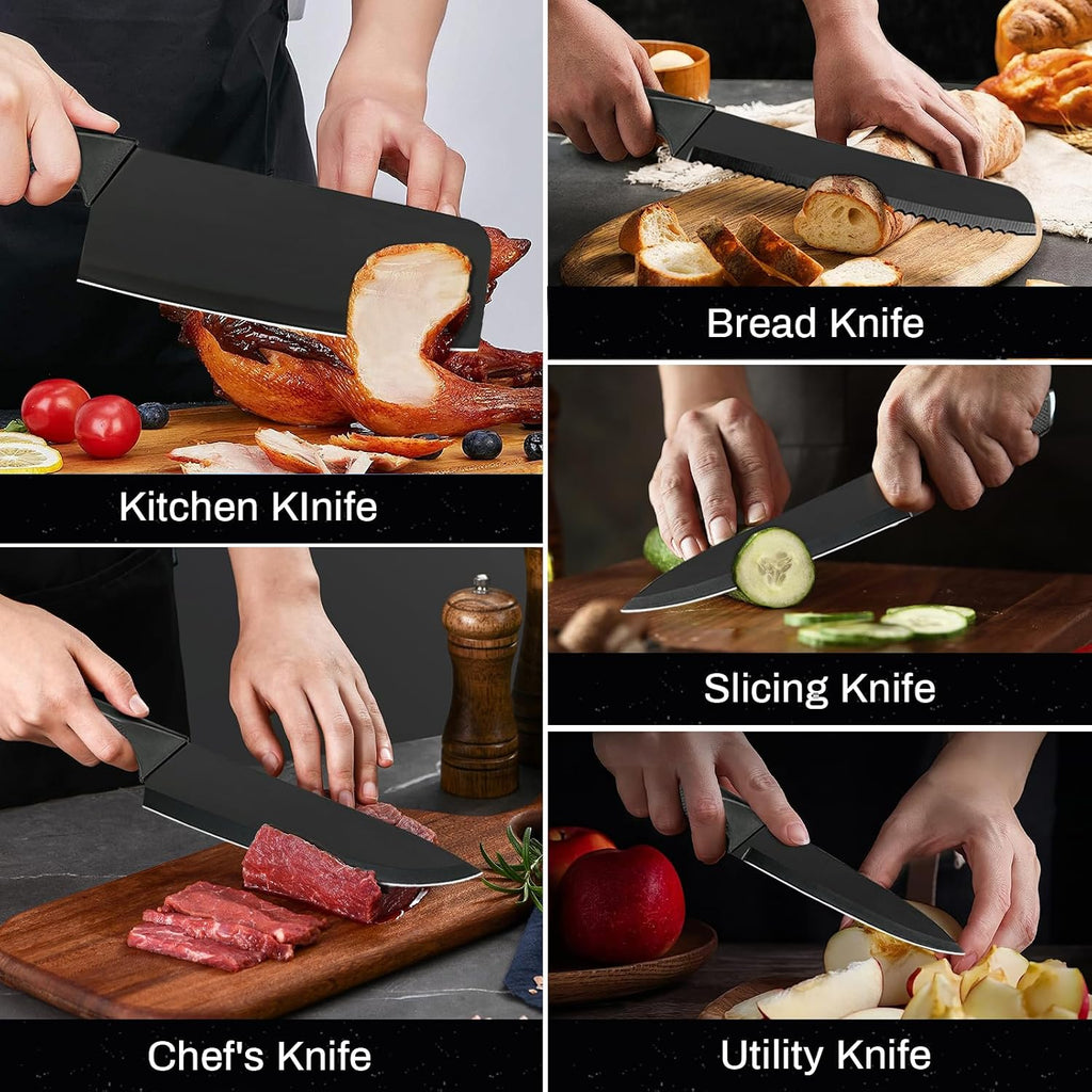 Kitchen Knife Set,18 Pieces Black Kitchen Utensils Set with Holder and Kitchen Professional Chef Knife Set for Cooking,Non-Stick Heat Resistan Silicone Utensils Set with Wooden Handle (Black)