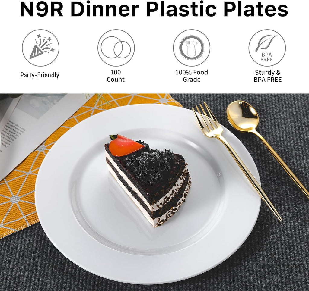 100PCS White Plastic Plates Disposable, 10.25" Heavy Duty Dinner Plates | Elegant, BPA-Free, Food Grade, for Wedding, Birthday, Party, Anniversary & Daily Use