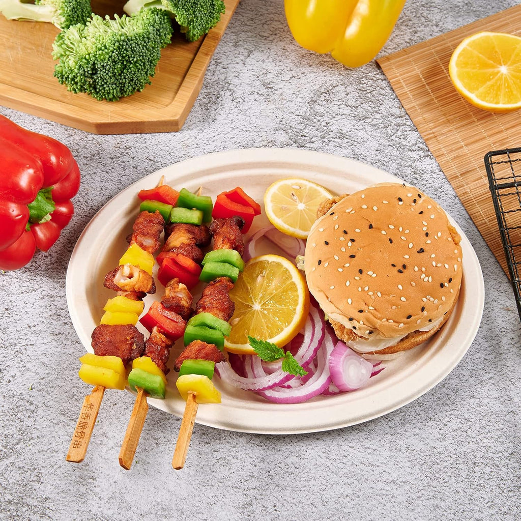 Vplus 100% Compostable Oval Paper Plates 12 inch 120 Pack, Nature | Super Strong, Disposable Paper Plates, Bagasse Natural Biodegradable, Sugarcane for BBQ, Party, Dinner, and Picnic