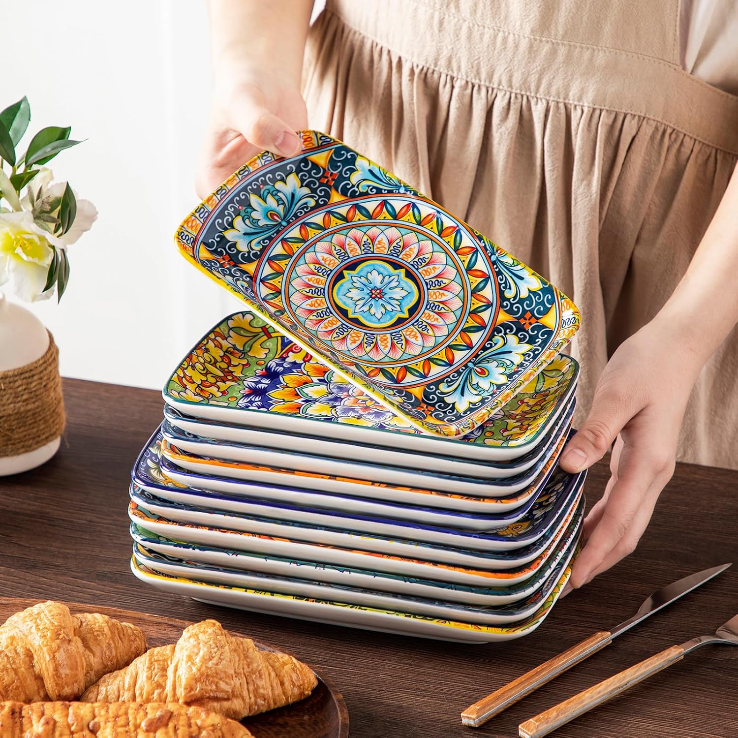 vancasso Simi 9.5 Inch Rectangular Dinner Plates Set of 6 - Bohemian Floral Design in 6 Vibrant Colors, Microwave & Dishwasher Safe Porcelain Plates for Salad, Appetizers, Entertaining