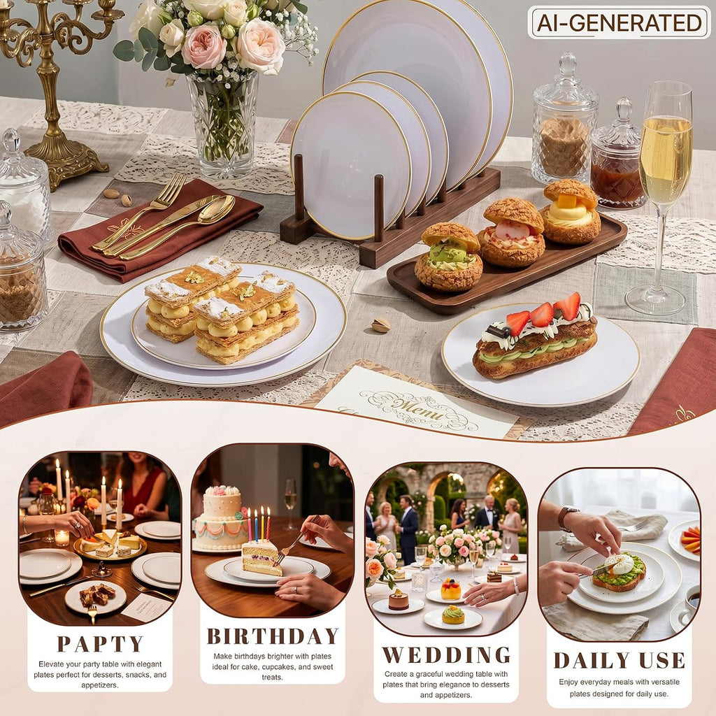 KIRE 100PCS White Plates with Gold Trim - Plastic Disposable Plates - Includes 50Pieces 10.25inch Dinner and 50Pieces 7.5inch Dessert/Salad Plastic Plate for Wedding Receptions/Party/Thanksgiving