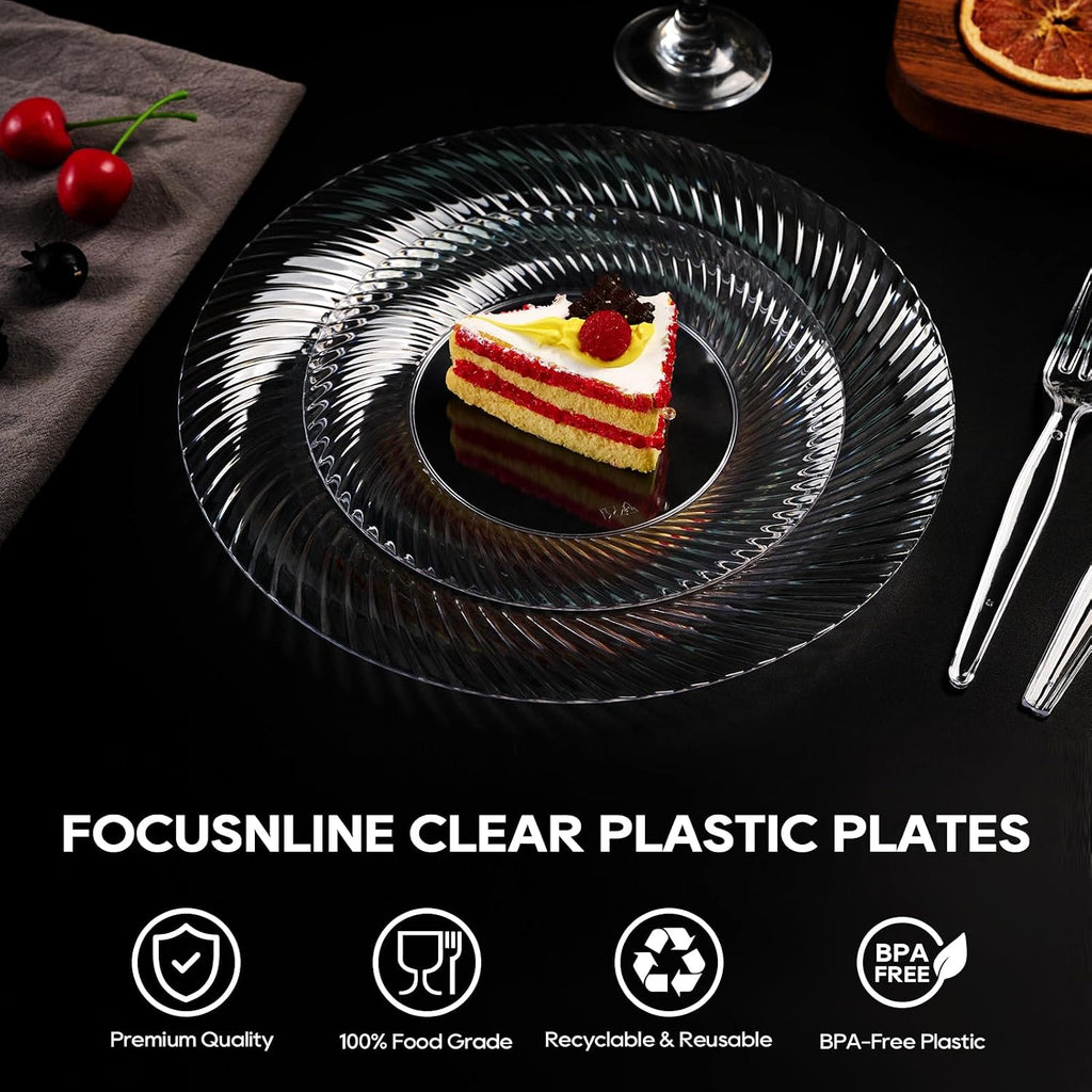 FOCUSLINE 10 Inch Clear Plastic Plates, 100 Count Disposable Heavy Duty Dinner Plates, Premium Hard Plastic for Weddings, Parties & Events