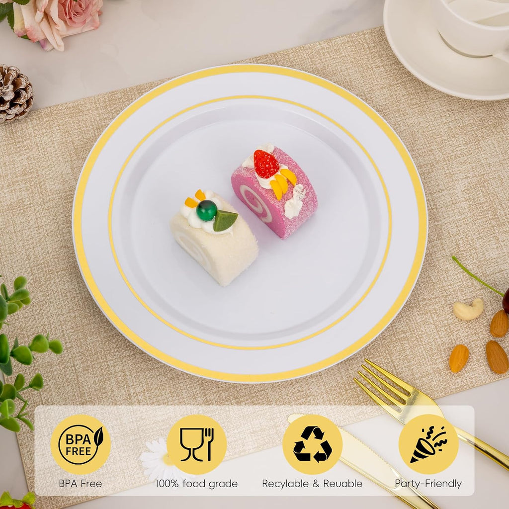 100 Pack 10.25 Inch Gold Rim Plastic Dinner Plates | Heavy Duty Disposable Plastic Party Plates Bulk for Wedding, Birthday & Daily Use