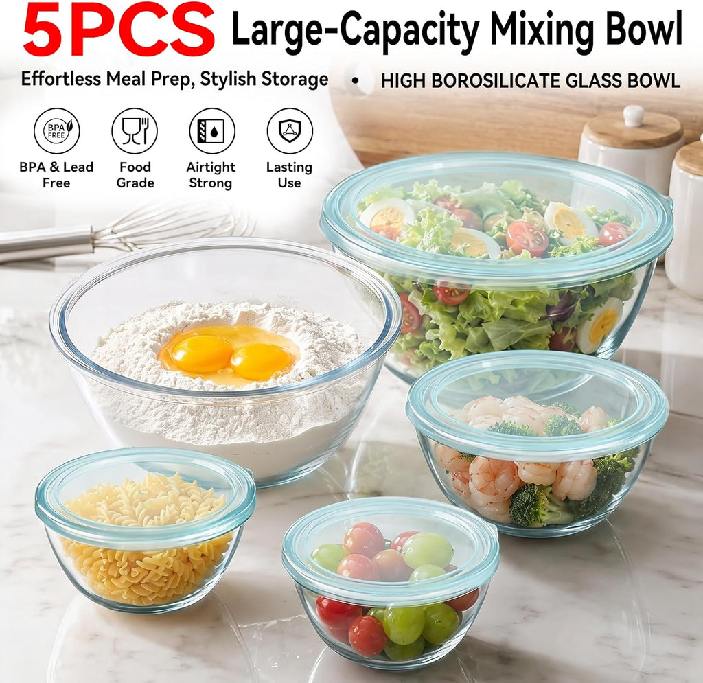 YUANYE 5 Pack Glass Mixing Bowls with Lids Set (5QT/2.5/1.5/0.9/0.6QT), Thick Glass Large Salad Bowl Set, Nesting Kitchen Bowls for Serving,Prepping,Cooking and Baking,Dishwasher,Oven,Microwave Safe