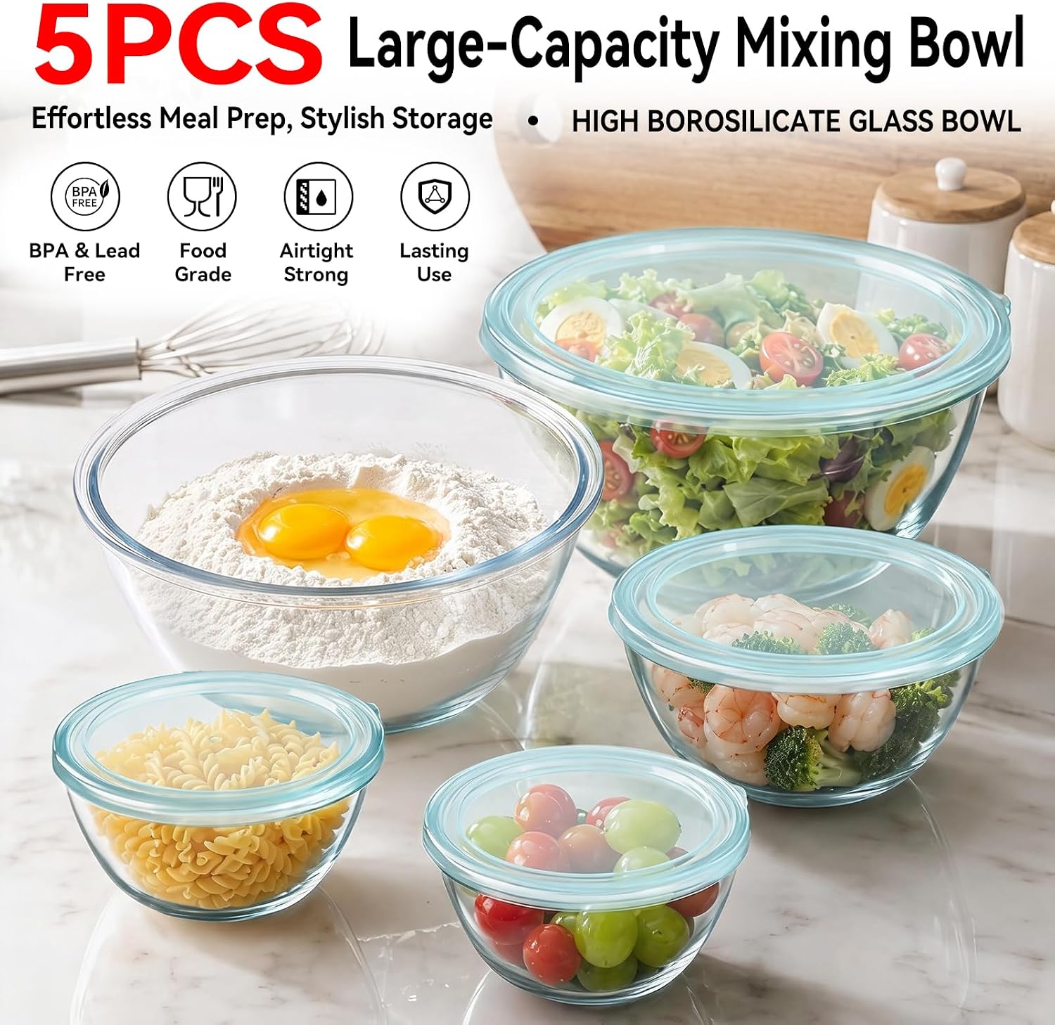 YUANYE 5 Pack Glass Mixing Bowls with Lids Set (5QT/2.5/1.5/0.9/0.6QT), Thick Glass Large Salad Bowl Set, Nesting Kitchen Bowls for Serving,Prepping,Cooking and Baking,Dishwasher,Oven,Microwave Safe