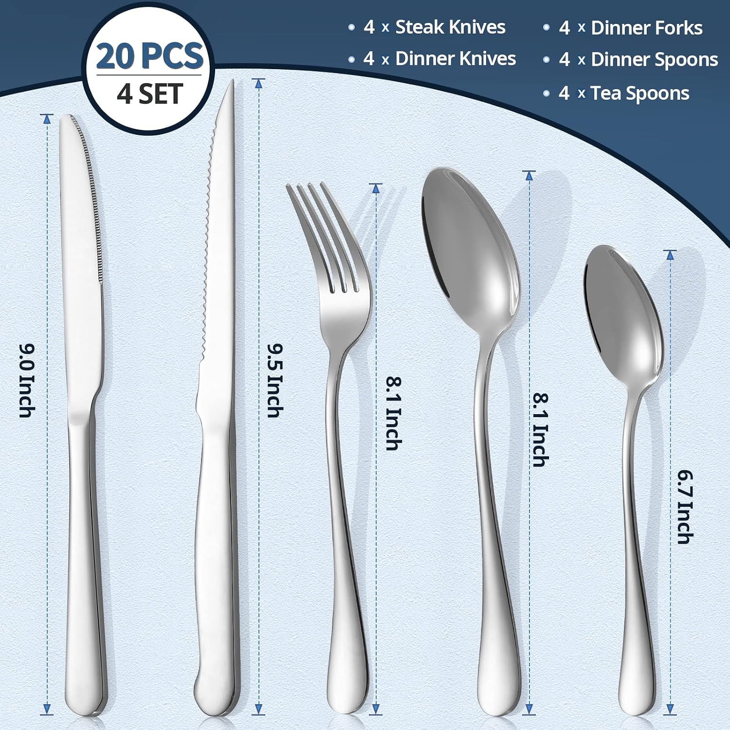 Eisinly 20-Piece Silverware Set with Steak Knives, Mirror Polished | Service for 4, Food Grade Stainless Steel, Ergonomic Design, Dishwasher Safe, Ideal for Home Restaurant Hotel