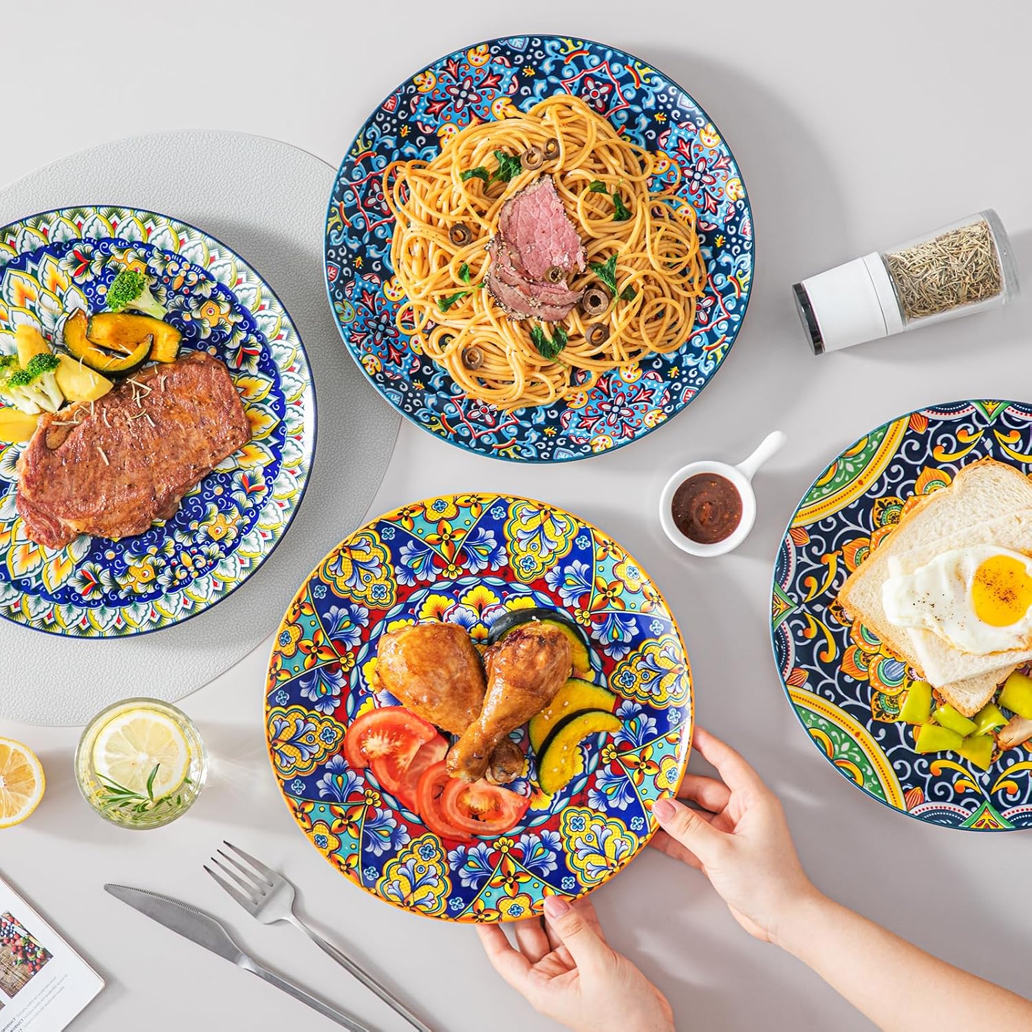 vancasso Ceramic Dinner Plates Set of 6, 10.5 Inch, Microwave Safe | Salad Plates Set, Colorful Bohemian Style Dishes for Kitchen